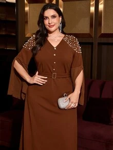SHEIN Clasi Plus Size Elegant Casual Rhinestone Button V-Neck Dress Cocktail Dinner Brown - Brown - View 1