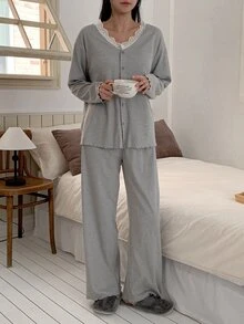 DAZY 2-delat set för kvinnor med spetslapptäckning, enfärgad lös cardigan med V-ringning och långa ärmar samt raka långa pyjamasbyxor, sovklädesset - Ljusgrå - Visa 7