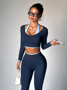 StreetHx Women's Cropped Long Sleeve Top And Leggings Sports Set - Multicolor - View 3