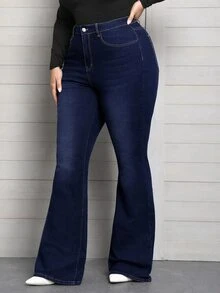 Flexra Festival Plus Size Women's Blue Stretch Sexy Tight Flare Jeans - Dark Wash - View 4