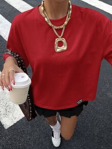 Muchica 95%棉女款休閒街頭寬鬆短袖T恤，女款夏季服飾，女款街頭風 - 紅色 - 查看 5
