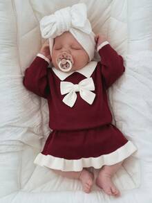 SHEIN Infant Girls Autumn/Winter Burgundy Baby Girl Sweater Set, Large Bow Design, Autumn Clothing - Red - View 8