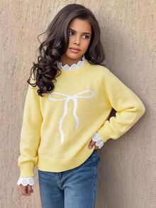SHEIN Tween Girl CasualPullover Sweater, Elegant Embroidery Lace Trim Heart Embroidery Loose Raglan Sleeve Pullover Sweater, Soft Comfortable Thickened - Yellow - View 4