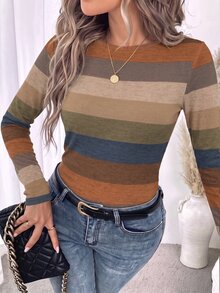 SHEIN LUNE 95%棉女款圓領長袖修身對比條紋打底T恤 - 彩色 - 查看 4