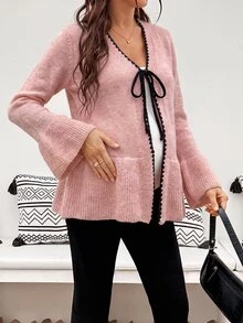 SHEIN 孕婦V領撞色飾邊蝴蝶結荷葉邊休閒長袖開襟衫，秋季女裝冬季穿搭 - 粉色 - 查看 9