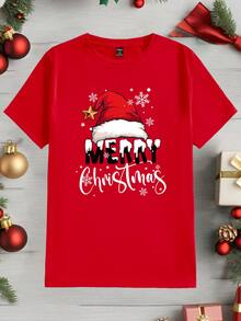 Manfinity Homme 聖誕帽 Merry Christmas 時尚休閒印花男士紅色標準尺寸修身短袖T恤 - 紅色 - 查看 3