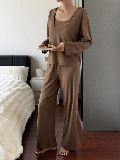 DAZY 3-Piece Solid Color Loose Long Sleeve T-Shirt, Camisole, Straight Leg Long Pajama Pants Women's Sleepwear Set