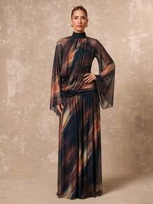 Lumalex Soft Comfortable Mesh High Neck Flowy Long Sleeve Pleated Draped Bodycon Dress With Large Hem For Women - Multicolor - View 3