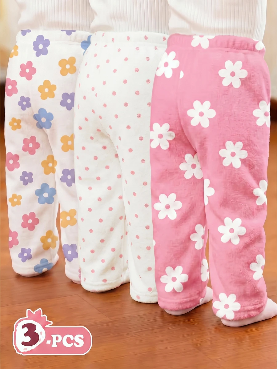 3件組女嬰休閒波點愛心花卉圖案冬季長褲 - 彩色 - 查看 1