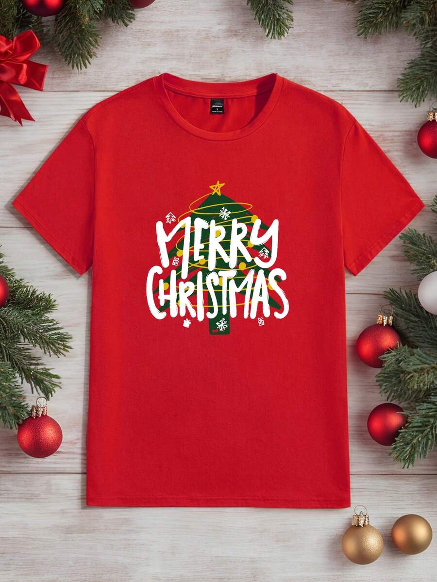 Manfinity Homme Men's Christmas Slogan Print Crew Neck Short Sleeve Casual T-Shirt - Red - View 1