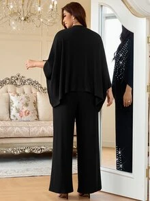 Reflora Plus Size Women's Round Neck Top And Long Pants Casual Daily 2 Pieces Set - Black - View 2