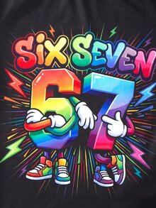 SHEIN 青少年男孩塗鴉數字67圖案圓領長袖休閒舒適修身居家睡衣套裝 2件組 - 彩色 - 查看 4