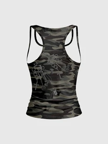 ROMWE Grunge Punk Women's Dark Streetwear Camo Print Tank Top - Green - View 2