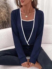 SHEIN Clasi 女款休閒黑白對比色極簡重疊設計長袖衛衣，適合度假、通勤、教師、返校、秋季 - 藏蓝色 - 查看 6