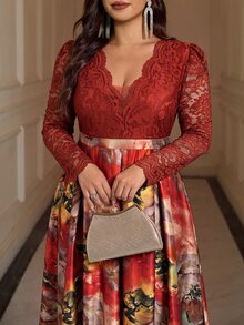 Reflora 大尺碼女款對比蕾絲V領長袖優雅休閒禮服 秋季婚禮賓客正式早午餐深綠色 - 彩色 - 查看 4