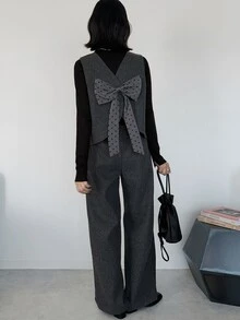 FRIFUL Women's Bowknot Decor Top And Long Pants Casual Daily 2 Pieces Set - Grey - View 4