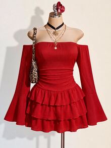 SHEIN ICON 女款純色抓皺露肩休閒派對迷你洋裝 - 紅色 - 查看 3