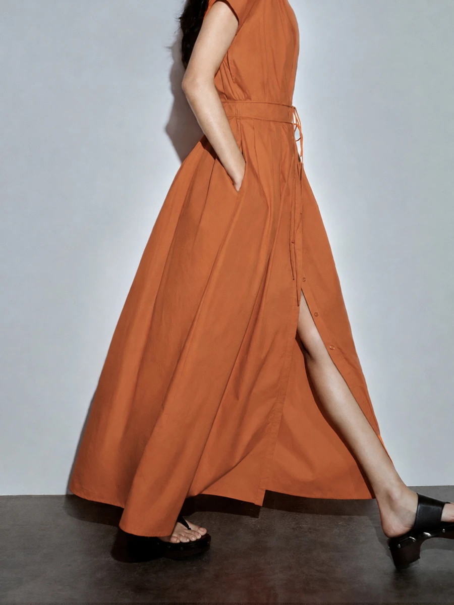 MOTF PREMIUM 100% COTTON SOLID V-NECK DRESS, URBAN CASUAL & DATE WEAR, SPRING/SUMMER - Orange - View 2