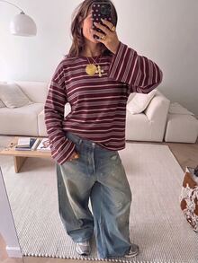 SHEIN EZwear 海外長袖酒紅條紋襯衫，秋季上衣，適合日常通勤、聚會、秋冬春夏、聖誕節、新年、感恩節、派對、婚禮、海灘、畢業典禮、優雅、外出、約會、通勤、情人節、優雅、度假、Y2K、畢業典禮等場合 - 彩色 - 查看 6