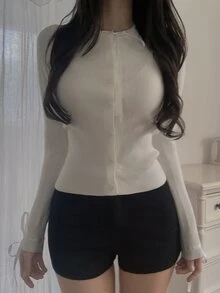 DAZY Solid Color Slim Fit Drawstring Tie Elegant Vacation Korean Style Autumn/Winter Women's Cardigan - White - View 7
