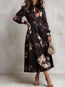 Solivie Women's Autumn Black Printed Chinese Style Dress - Black - View 11