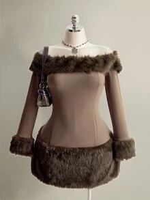 SHEIN ICON فستان نسائي مقاس كبير مكشوف الكتف من الفرو الصناعي - بني - مشاهدة 1