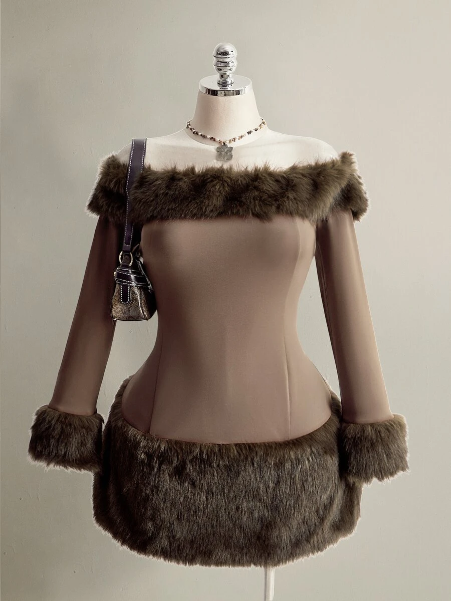 SHEIN ICON فستان نسائي مقاس كبير مكشوف الكتف من الفرو الصناعي - بني - مشاهدة 1