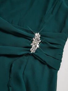 Medorina Women's V-Neck Rhinestone Decor Ruffle Hem Casual Party Dress - Dark Green - View 4
