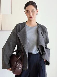 Dazy-Less Women's Winter Grey Lapel Long Sleeve Double-Breasted Solid Color Loose Casual Versatile Overcoat - Grey - View 6