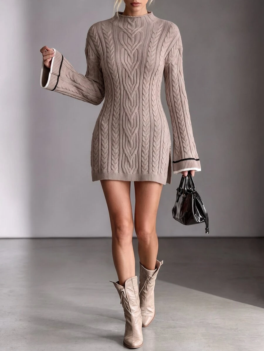 Wandoria Women's Autumn New Single Piece Semi-High Neck Classic Rope Pattern Side Slit Design Unique Fashion Elegant Lady Slim Fit Daily Commute Knit Pullover Long Sleeve Sweater - Khaki - View 1