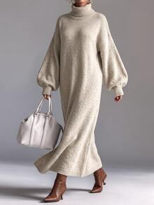 Breezaya Women's Solid Color High Neck Casual Daily Wear Knitted Dress - Grey - View 3