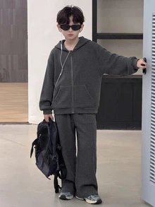 Dazy Kids 青少年男孩落肩長袖拉鍊連帽衛衣外套與長褲休閒套裝 - 深灰色 - 查看 1