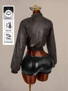 Amplova Women's Winter Cropped PU Material Aviator Jacket - Grey - View 11