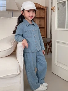 Dazy Kids (少女) 無袖深色水洗牛仔背心與寬鬆寬腿長褲套裝 - 淺色水洗藍 - 查看 7