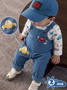 SHEIN Playful Pals 2件組男嬰圓領T恤與純色連身褲，皆附汽車圖案，簡約時尚，適合春秋穿著，完美適配寶寶日常外出，為寶寶衣櫥增添更多選擇 - 藍色 - 查看 3