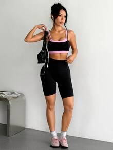 Dewbera Dewbera 1pc Black Pink Contrast Fake TwoPiece Sports Bra, Adjustable Straps, Slim Fit, Suitable For Yoga, Workout, Fitness, Summer - Black - View 4
