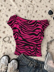 Attitoon Women's Purple Zebra Print Asymmetrical Shoulder Ruched Fitted Cropped Top, Minimalist Casual Streetwear Style - Multicolor - View 1