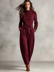 SHEIN Women's Regular Long Sleeve Long Pants Jumpsuit, Stand Collar Design, Napoleon Ribbon Button Design, Back Center Zipper, Waist Design, Hand Pockets, Curved Leg Design, Tapered Leg Design, Novel And Fashionable, Elegant, Sexy, Suitable For Dating, Gathering, Commuting, Party. - Red Violet - View 5