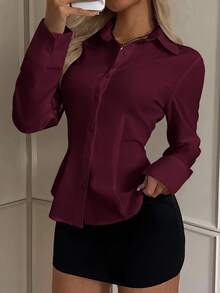 SHEIN EZwear 女款優雅鈕扣收腰長袖襯衫 - 酒紅色 - 查看 4