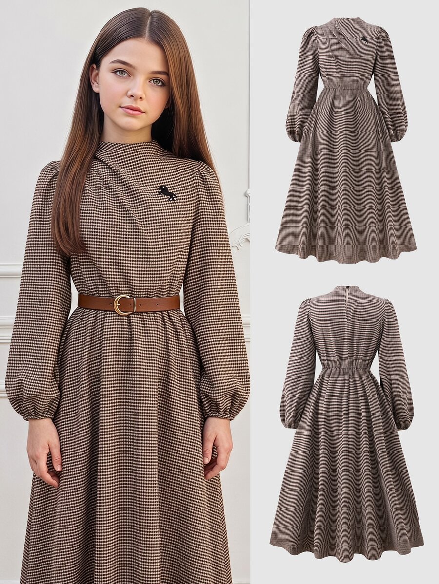 SHEIN Tween Girl Tween Girl Spring/Autumn/Winter Casual Elegant Vintage Color Plaid Small Logo Embroidered Round Neck Ruched Waist Long Sleeve Long Dress, Daily Wear - Khaki - View 1