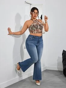 SHEIN PETITE CURVE 大尺碼女款前口袋喇叭褲休閒百搭牛仔褲 - 藍色 - 查看 4