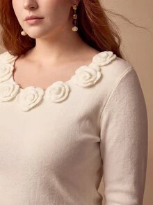 MOTF PREMIUM PLUS SIZE WOMEN'S WOOL FITTED 3D FLORAL DECOR CREW NECK PULLOVER SWEATER - Beige - View 1