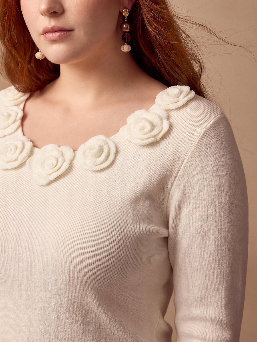 MOTF PREMIUM PLUS SIZE WOMEN'S WOOL FITTED 3D FLORAL DECOR CREW NECK PULLOVER SWEATER - Beige - View 1