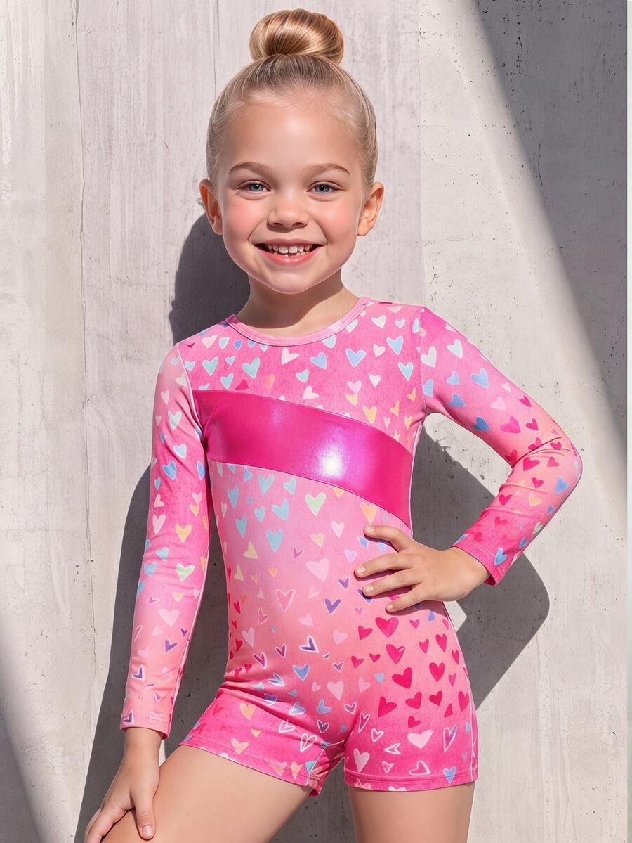 Girls' Colorful Heart Pattern Patchwork Fitted Jumpsuit - Pink - View 1