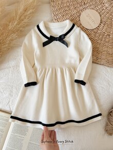Cozy Pixies 嬰兒/幼兒（女童）優雅學院風女寶配色條紋水手領 3D 蝴蝶結針織毛衣秋季洋裝 - 白色 - 查看 3