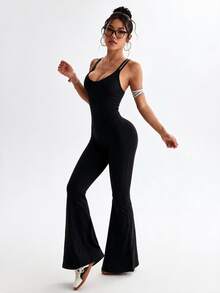 Slayform Women's Solid Color Criss-Cross Back Spaghetti Strap Flare Leg Jumpsuit - Black - View 5
