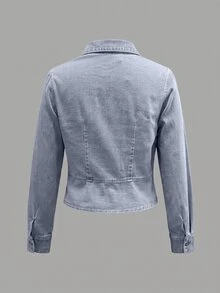 Elenzga Women's Long Sleeve Single-Breasted Casual Denim Shirt - Blue - View 2