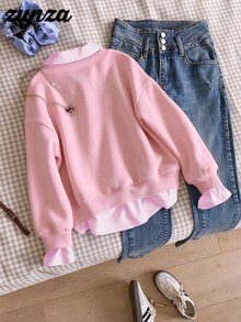 SHEIN Sparklyn 青少年女孩秋季休閒大學風 2 合 1 領口襯衫領運動衫，數字與字母印花豹紋寬鬆保暖上衣 - 粉色 - 查看 2