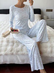 Livesso Women's Floral Bow Decor Long Sleeve Top And Pants Pajama Set - Blue - View 4