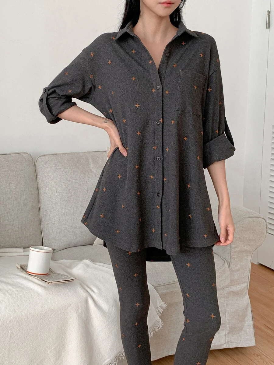 DAZY Women's Button-Up Top And Fitted Long Pants Pajama Set - Dark Grey - View 1